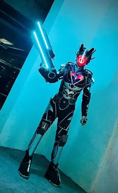 Men Wear Punk LED Light Costumes Tech Armor Robot Helmet Party Cosplay Colorful Luminous Silver Outfit Perform Bar Props Show