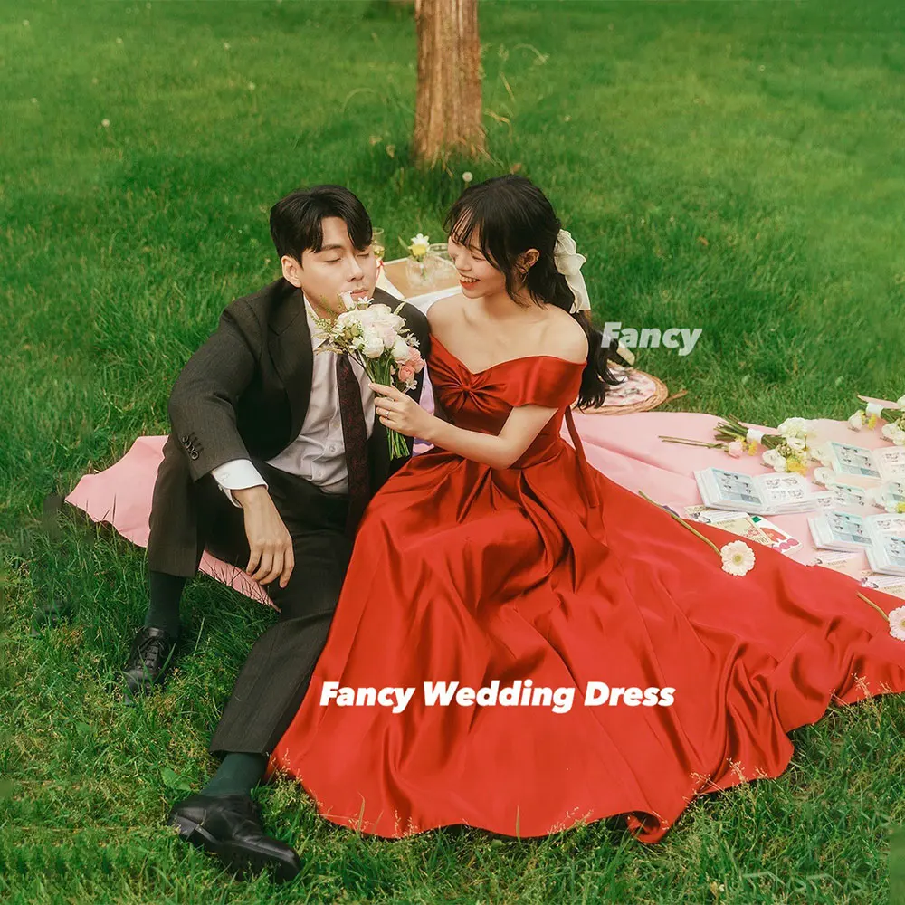 Fancy Simple Red Korea Wedding Dress Photo Shoot A Line Soft Satin Evening Dresses Off Shoulder Bridal Gown Customized