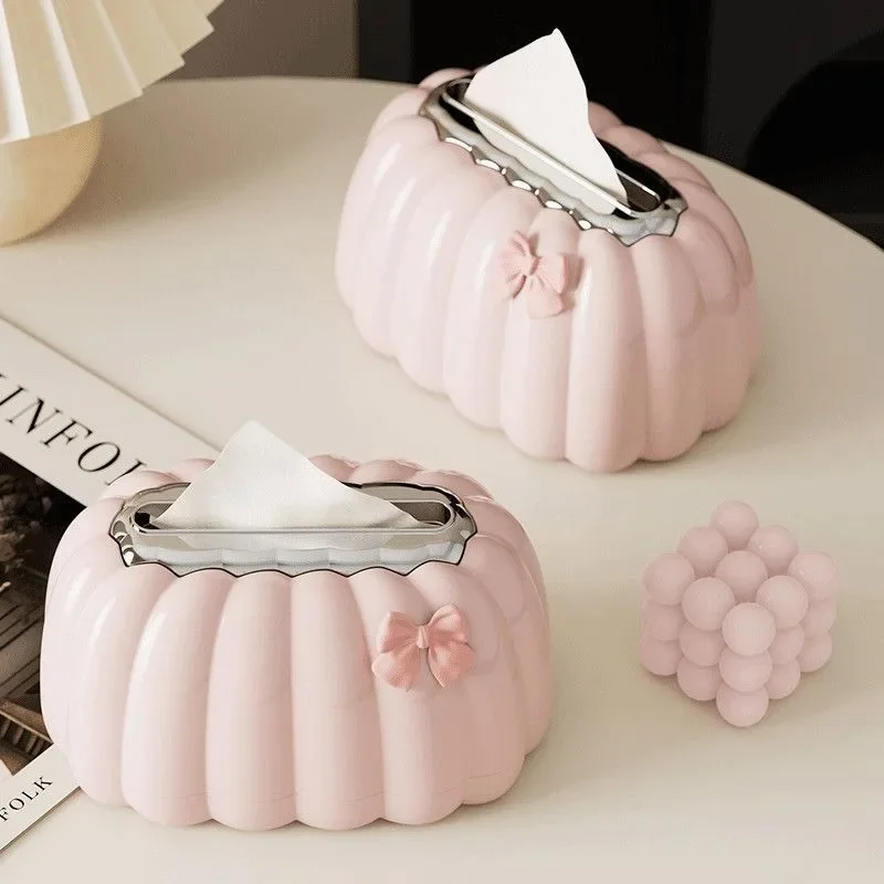 Pumpkin Spring-Loaded Tissue Box, Flocked Cream Aesthetic Tissue Holder for Living Room, Bedroom & Office, Cute Functional Decor
