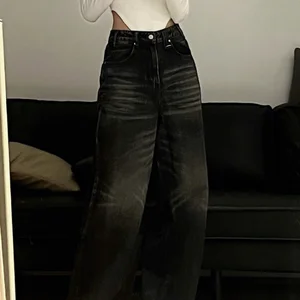Houzhou-Jeans with wide black vintage female, large dimensions, high street, Korean fashion, wide jeans, grunge, y2k, hip hop Main Sales Women's Pants Jeans - №5
