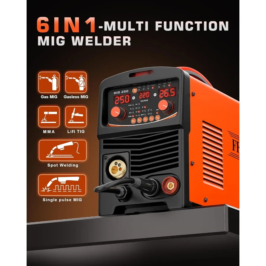 250A MIG Welder 110V 220V 8in1 Synergic Control Gas MIG Gasless Flux Core MIG Single Pulse MIG Lift TIG Stick 2T 4T Spot for Au
