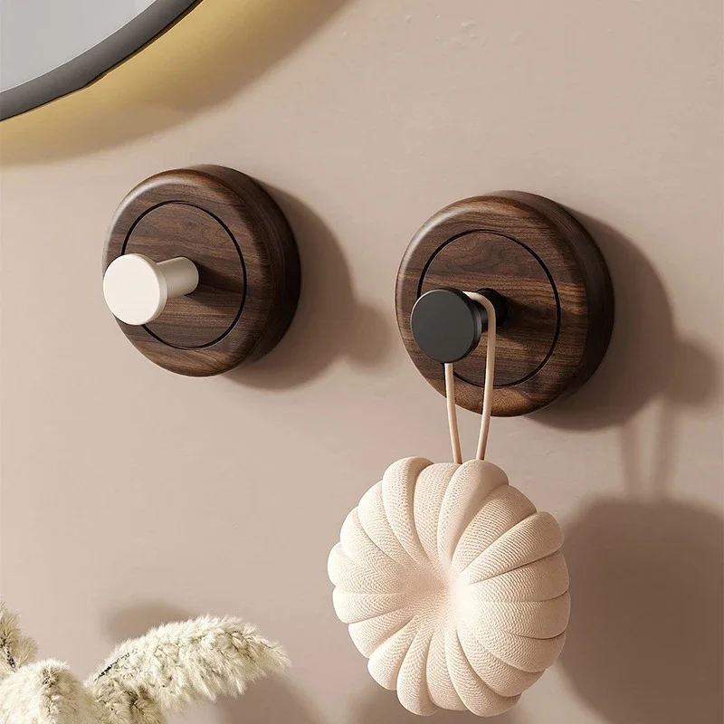 yesHeMu Elegant Wood Grain Wall Hooks with Round Knobs,No-Drill Self-Adhesive Hooks,Decorative Wooden Hooks for Towels,Keys,Bags