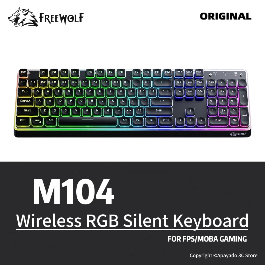 FREEWOLF M104 Silent Keyboard with RGB Backlight,Chocolate Water Drop Keycaps 26-key Non-Overshoot Design 2.4G/BT/Type-C
