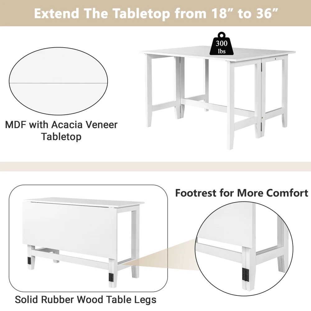 Farmhouse Wood Extendable Dining Table with Drop Leaf for Small Places, White