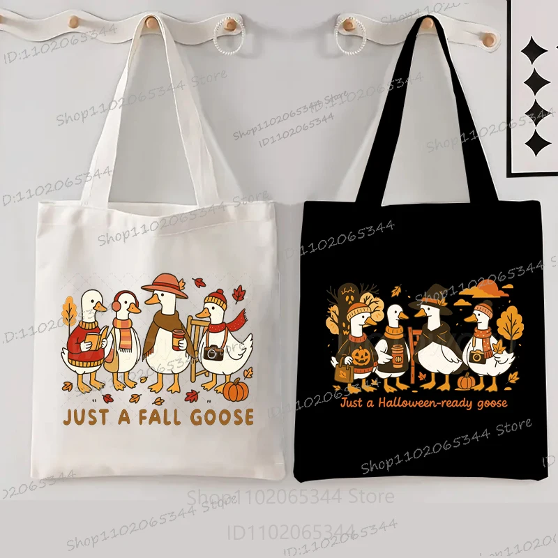 

Just A Fall Goose Canvas Tote Bag Vintage Cartoon Animal Halloween Party Storage Shoulder Bags Women Men Commuter Bag Gifts