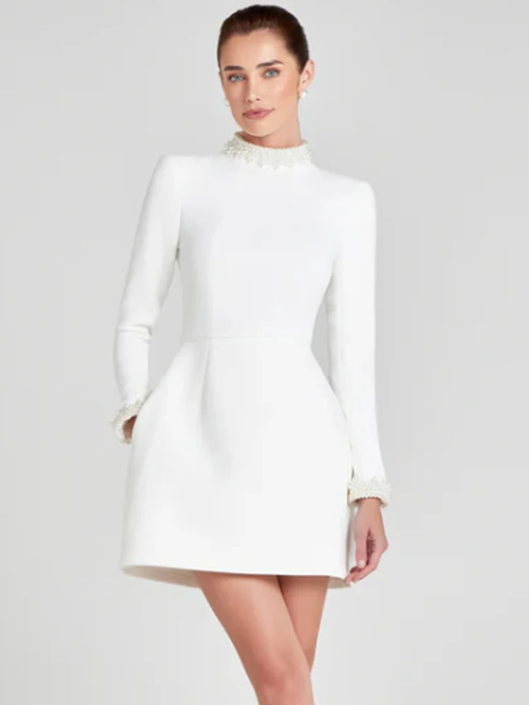 

Sexy Long Sleeves Pearl Beaded Mini Dress Women White O Neck Bead Slim A-line Dresses Evening Party Formal Gowns