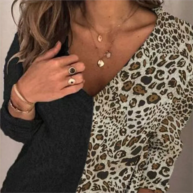 Elegant Blouses Fall Winter Women\'s Casual Loose Fashion Long-sleeve Leopard Print Pullover V-neck Knitted Spliced Women Shirts