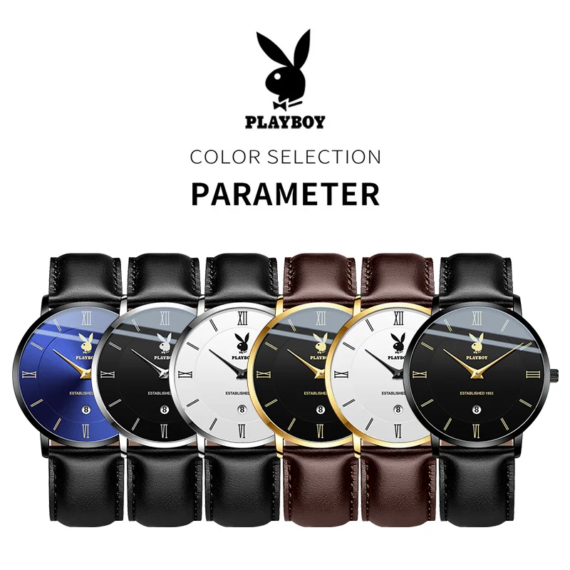 PLAYBOY High Quality Waterproof Watch For Men Fashion Genuine Leather Strap Men Quartz Wristwatches Luxury Calendar Male Watch