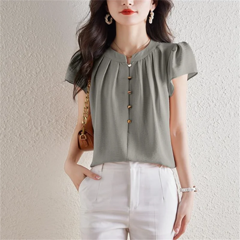 

Round-neck Short Sleeve Blouse Women Shirt Summer Woman Clothing Shirts Pullover Tops Bubble Sleeved Chiffon Shirt