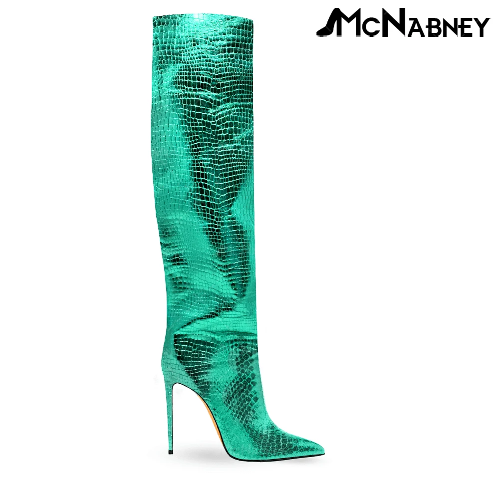 Snake Effect Laminated Leather Knee Boots Classic Style Pointed Toe Tubular Boot Sexy Stiletto Metallic Leather Handmade Boots