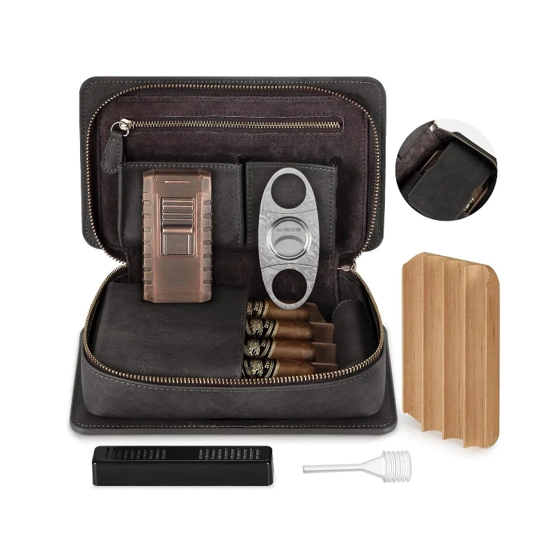 Portable Travel Cigar Humidor Case with Cedar Wood Tray,Stainless Steel Cigar Cutter, Humidifier,Dropper