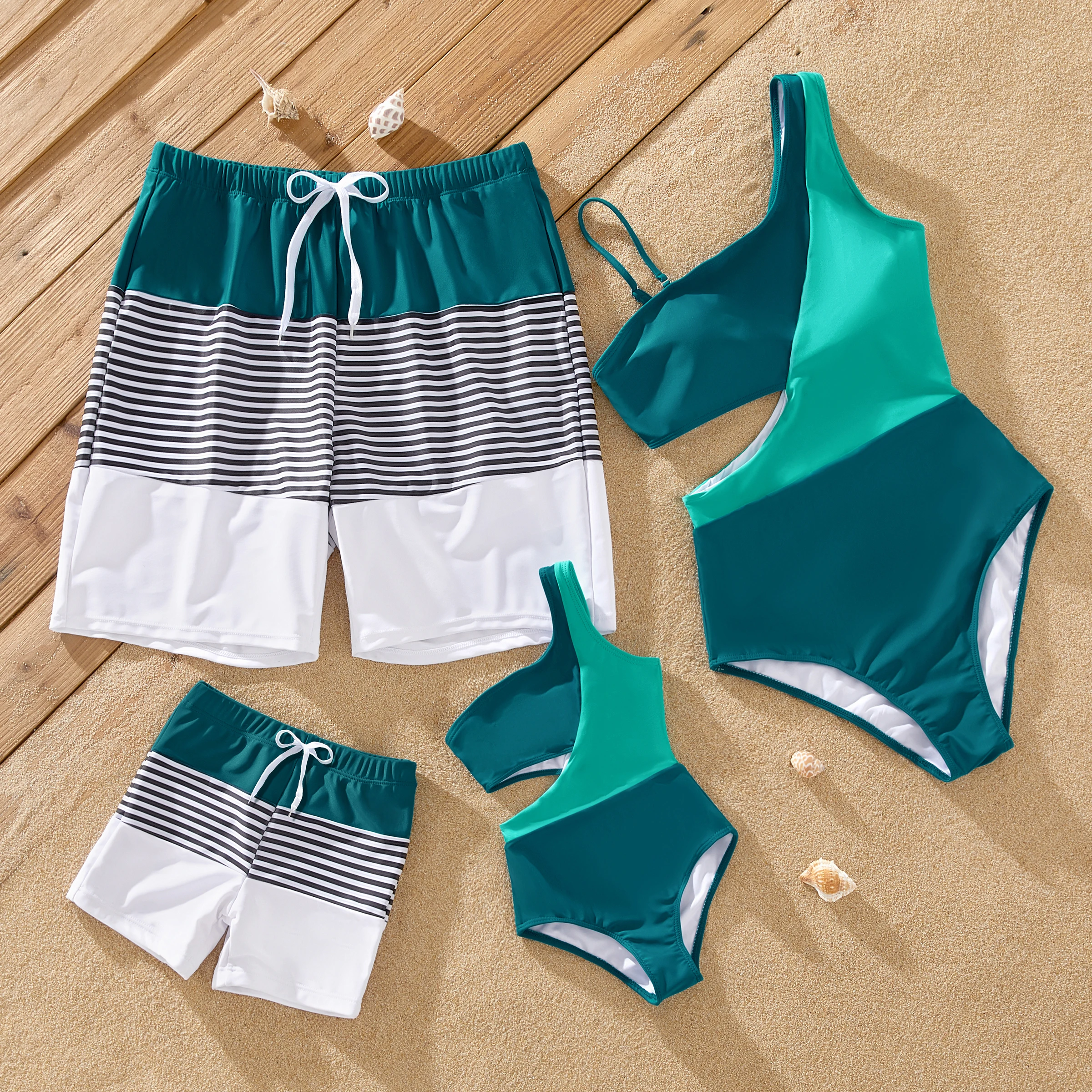 

PatPat Family Matching Colorblock One Shoulder Cut Out One-piece Swimsuit and Striped Spliced Swim Trunks Shorts