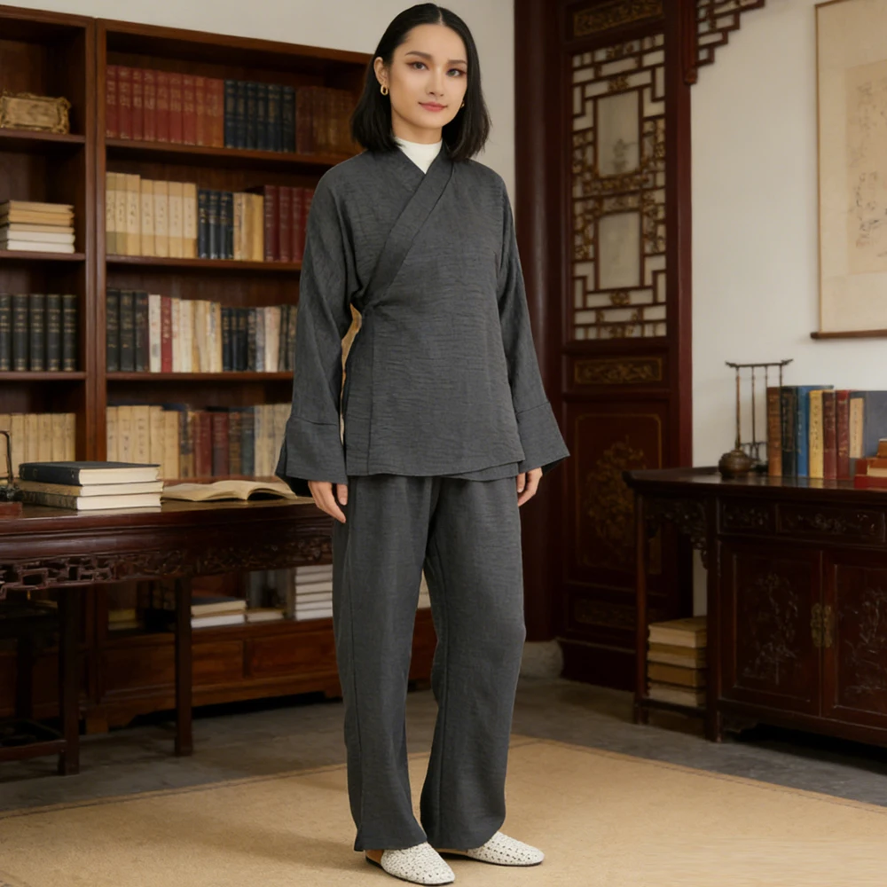 

Middle Eastern Dubai Suit Matching Set 2 Piece Tunic Top Pants Modest Muslim Women Ramadan Lace Up Shirt Trousers Islam Clothing