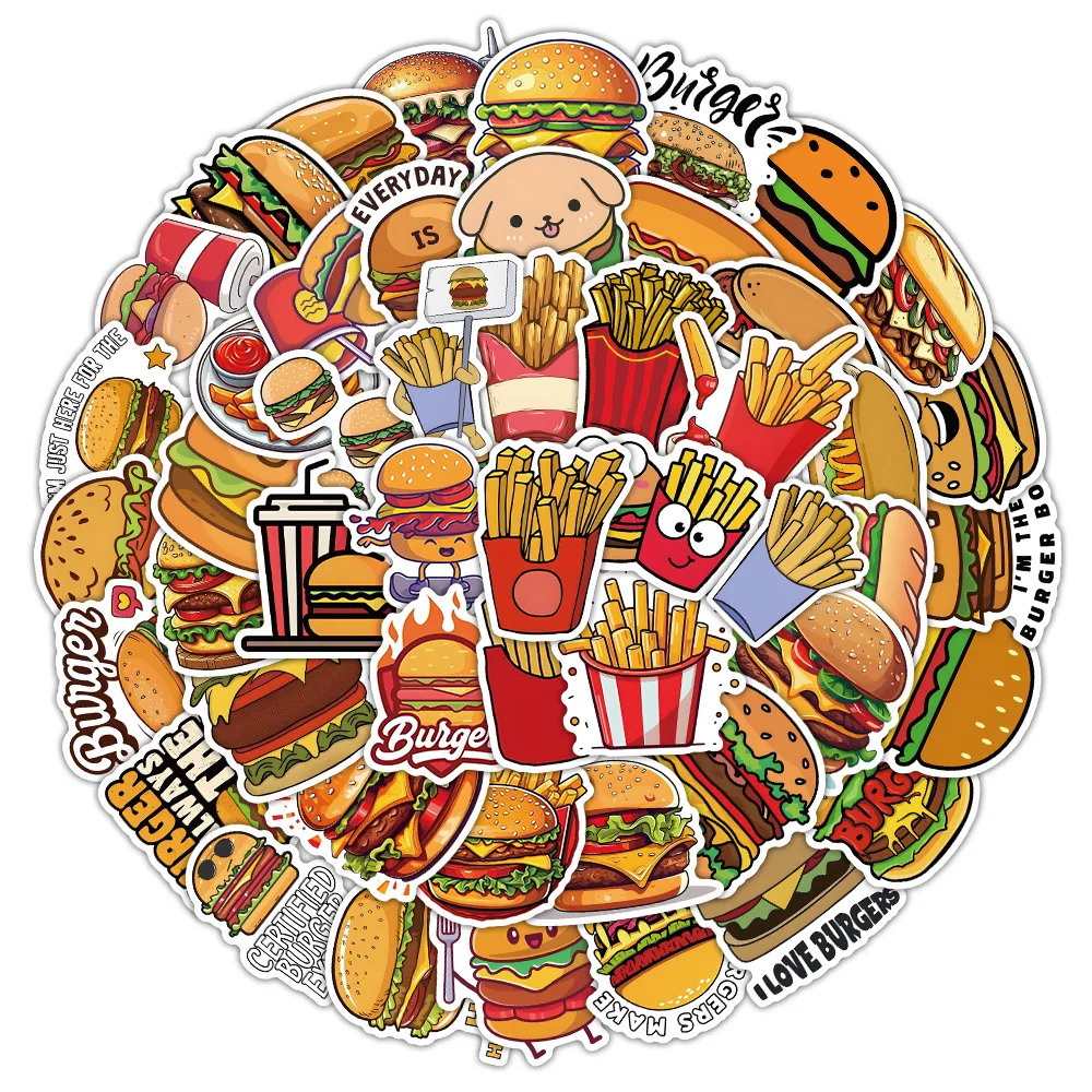 

10/50PCS Hamburger Cartoon Stickers Fries Graffiti High Calorie Food Decoration Fridge Laptop Phone Guitar Car Bike Decals Toys