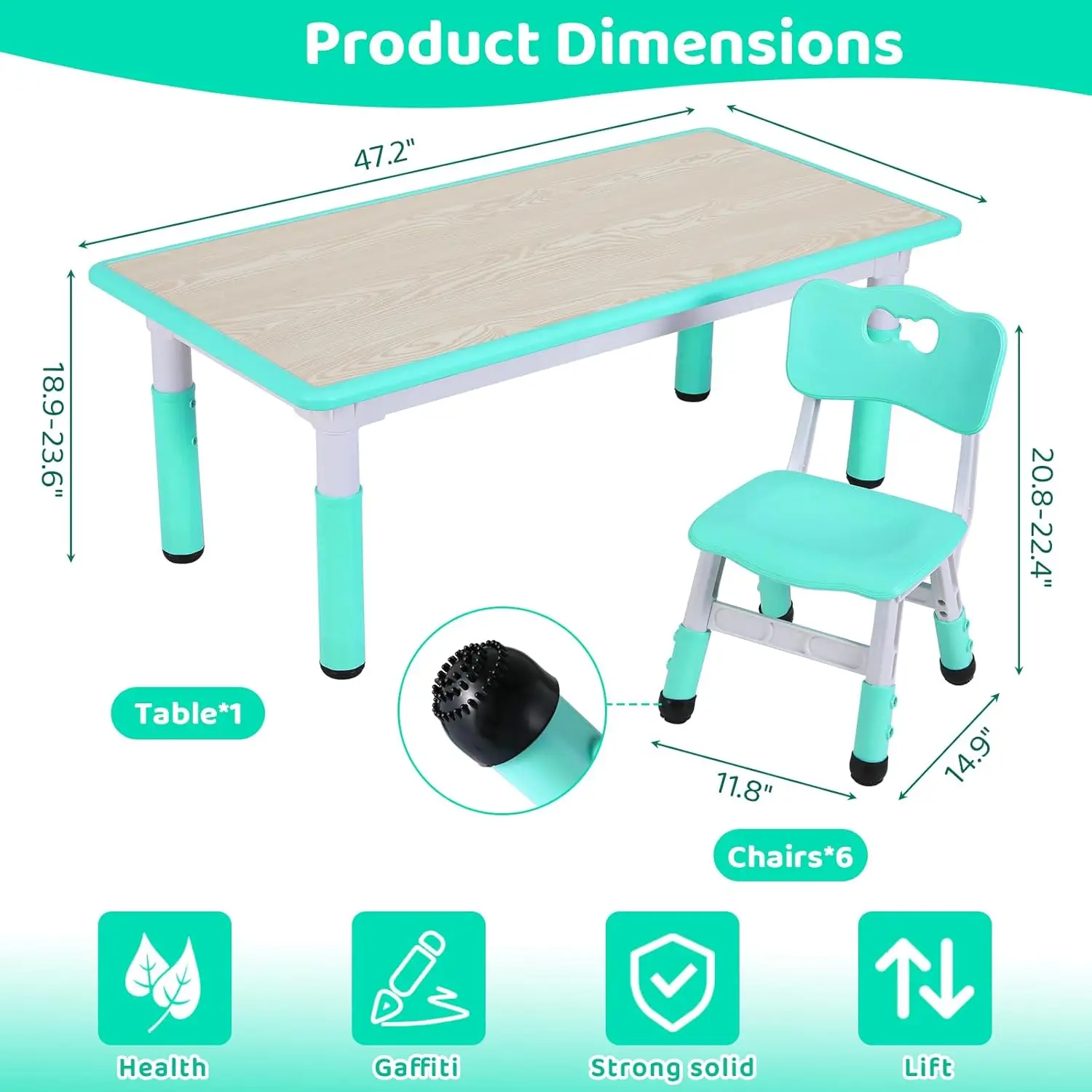 Light Green,for Daycare Classroom Home Boys and Girls Age,Arlopu Kids Table and 6 Chairs Set, Height Adjustable Graffiti Table,