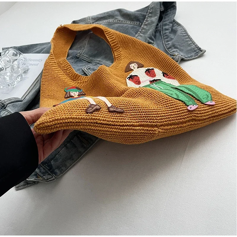 Hohle gestrickte Umhängetasche aus Netzstoff, Strandurlaub, lässige, schicke Cartoon-Einkaufstasche, leichte, lässige, gewebte Damenhandtasche mit Entspannung – Detail 39