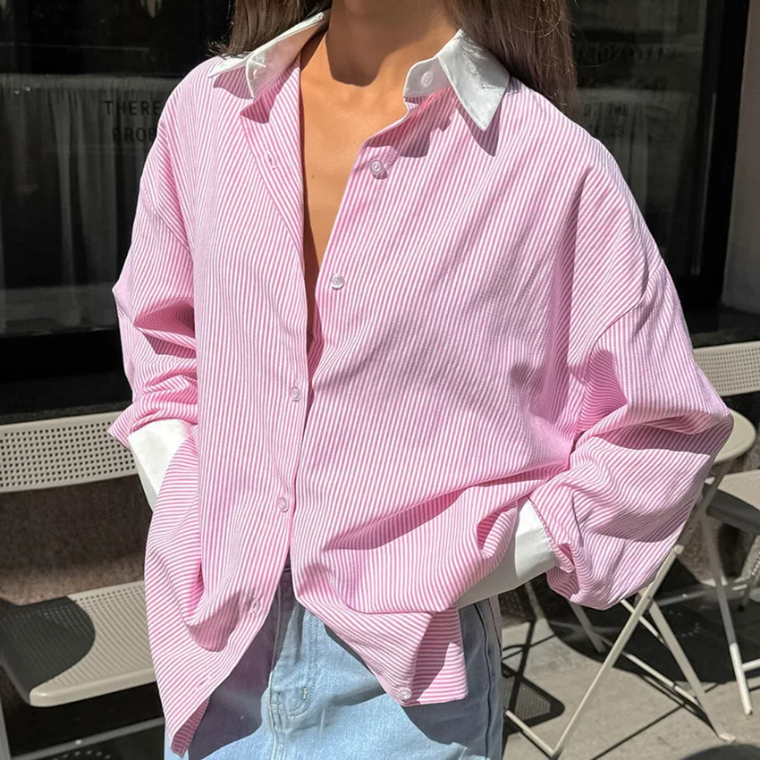 المرأة الوردي شريطية طويلة الأكمام قميص التلبيب تقسم اللون Preppy المرأة بلوزة فضفاضة قميص مكتب سيدة ركاب الخريف الربيع #1