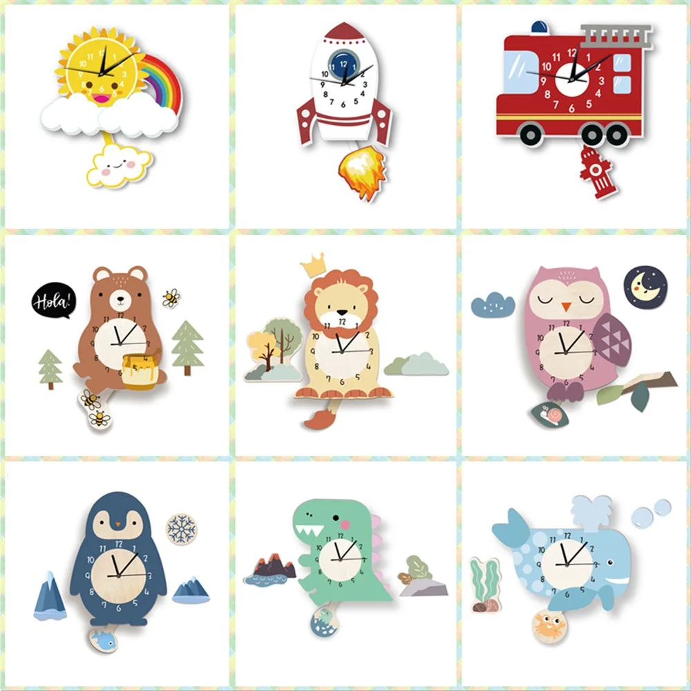 Cartoon Animals Unicorn Wall Clock Kids Pendulum Silent Reloj de Pared for Baby Rooms Horloge Home Decor Living Room Decoration