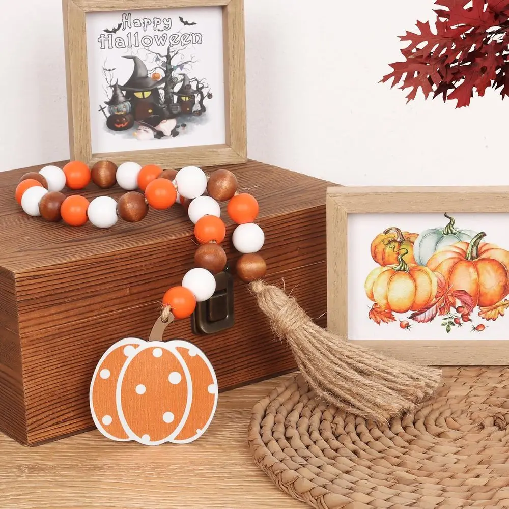 Wooden Bead Garland Tassel Pumpkin Tag Tiered Tray Decor Halloween Tassel Garland Wall Hanging Harvest Thanksgiving