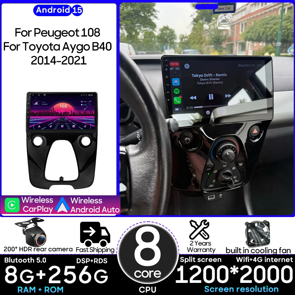 

Android 15 For Peugeot 108 For Toyota Aygo B40 2014-2021 Car Multimedia Player Carplay Auto Radio Video Stereo Navigation GPS