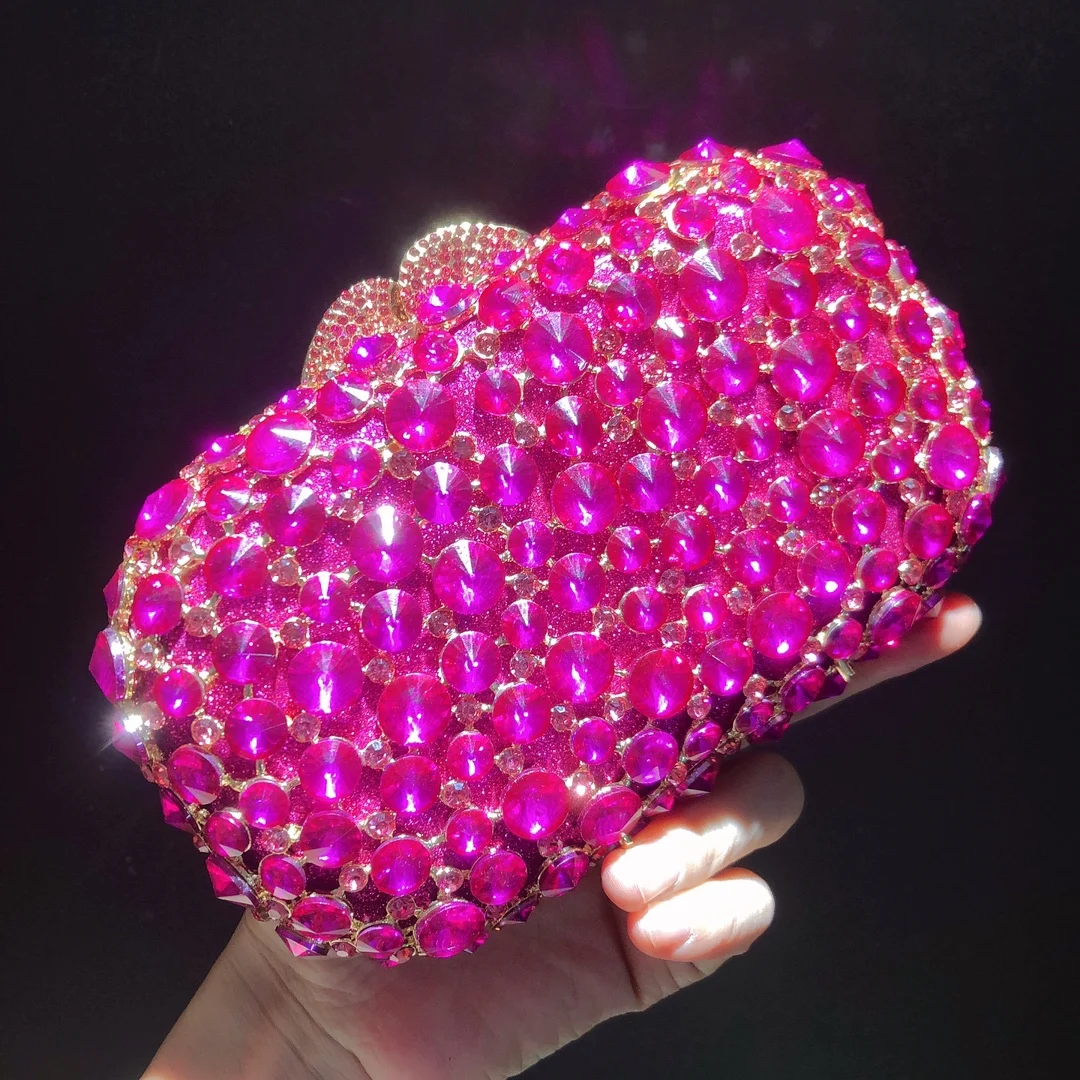 New Arrival Fuchsia Rhinestone Women Evening Bag Luxury Hot Pink Crystal Wedding Bags Bridal Clutches Lady Diamond Handbags