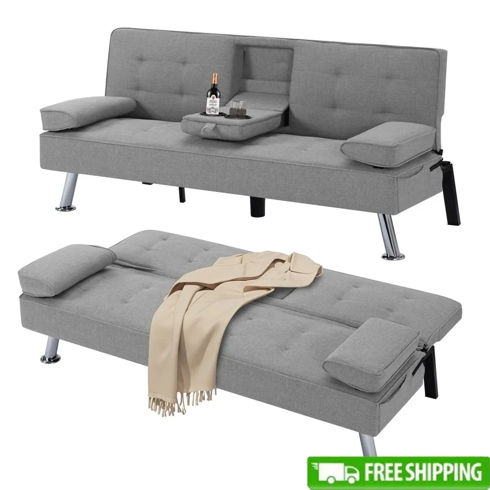 

Modern Futon Sleeper Sofa Bed Convertible Couch Recliner with 2 Cup Holders Multi-functional Furniture Small Spaces