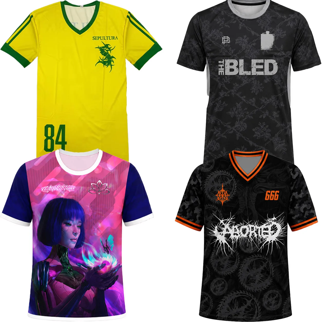 Sepultura 84 Soccer Jersey & The Bled Pass The Flask & Aborted 666 Football Jersey & Destruction Lotus All-Over 3D Print Tee