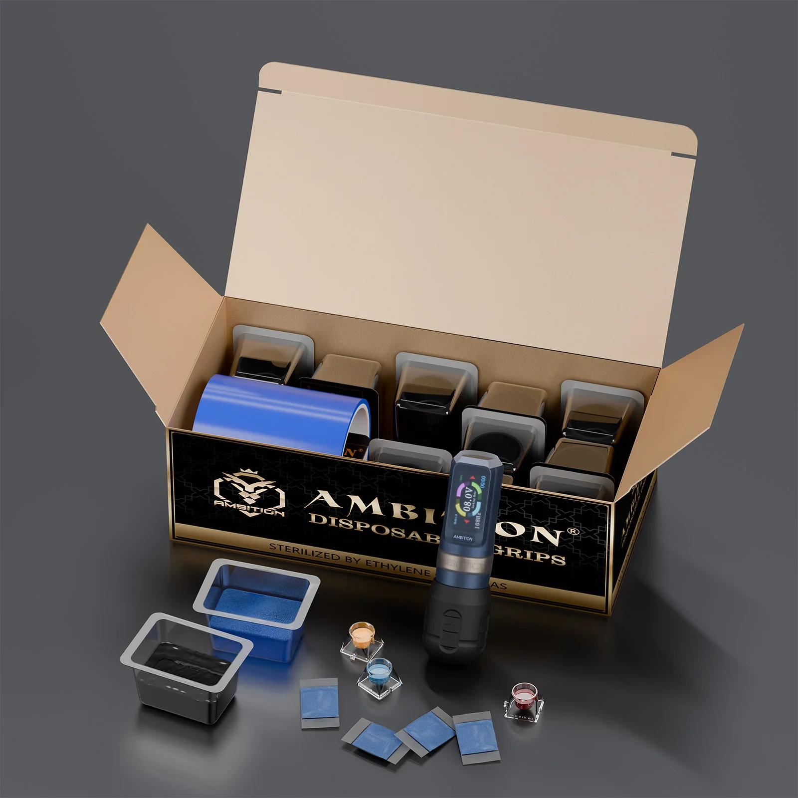

Ambition Professional Wireless Tattoo Machine Pen with Disposable Grip and Machine Bag Cover Sleeves for Artists Body Art