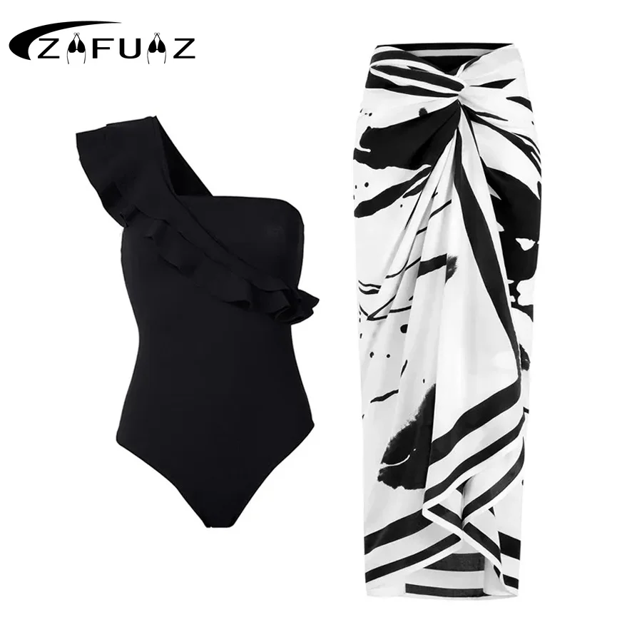 ZAFUAZ-Bikinis sexy à fleurs 3D pour femmes, maillot de bain une pièce, jupe à volants, initié, monokini découpé, maillots de bain, robe de bain trempée, 2024