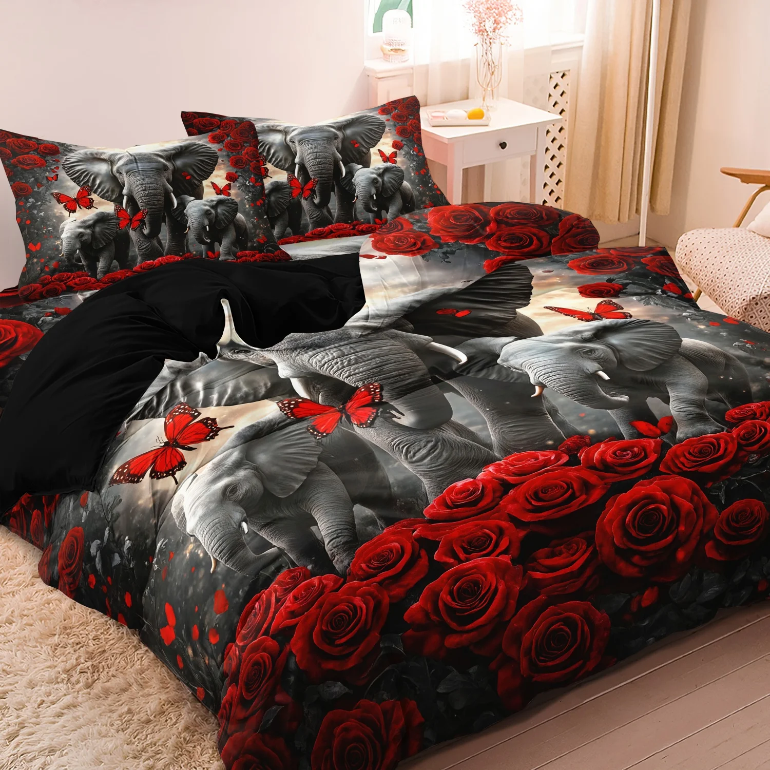3pcs Romantic Red Rose Duvet Cover Sets Elephant  Animal Bedding Sets Butterfly Duvet Cover Bedroom Decor For Home And Dorm
