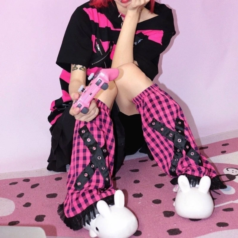 Women Punk Checkered Leg Warmers Harajuku Metal Eyelets Crosses Boot Cover Socks