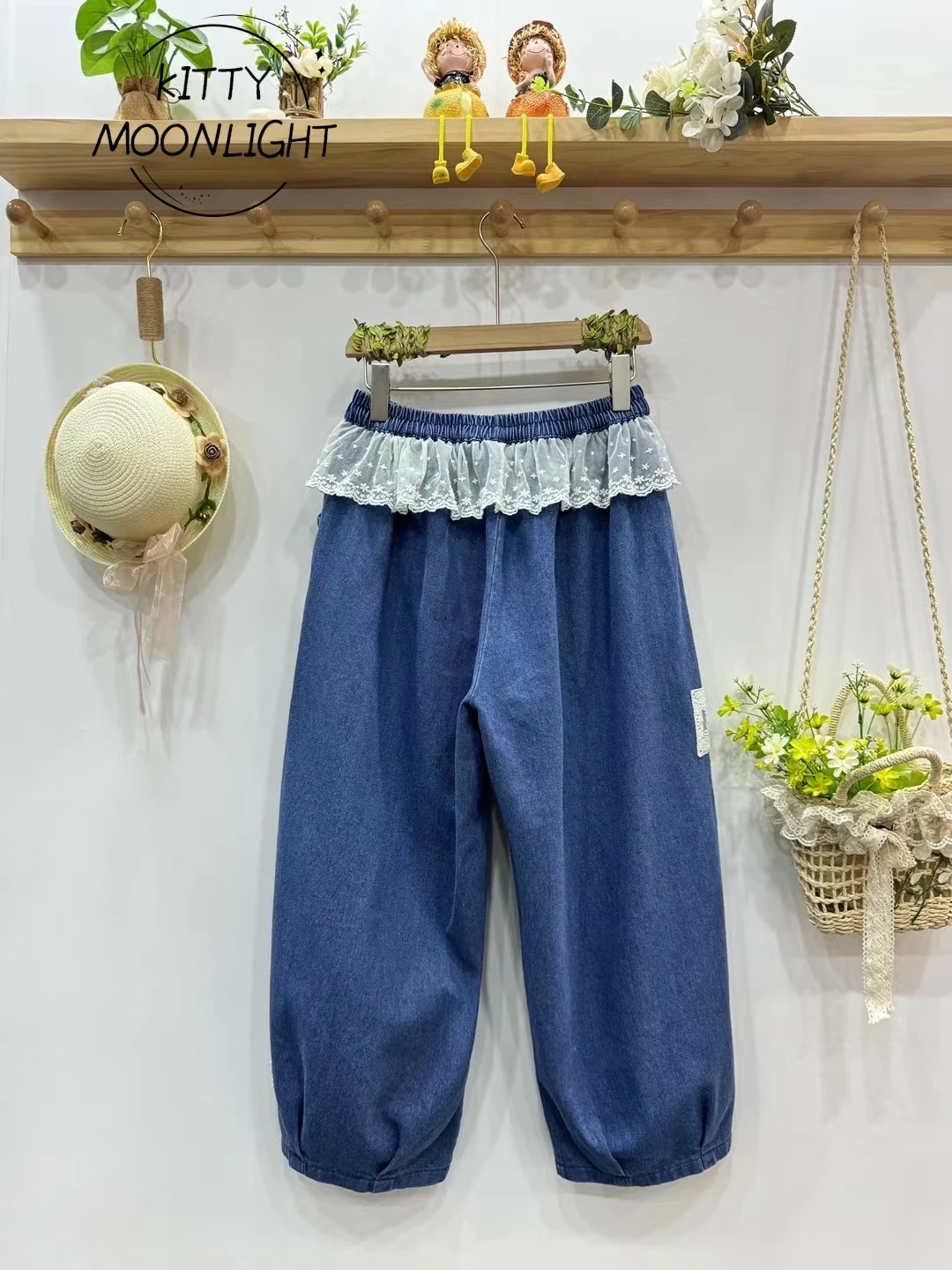 Japanese Vintage Lace Patchwork Jeans Women Autumn Elastic Waist Denim Harem Pants Sweet Mori Girl Trousers Casual Retro Trouser