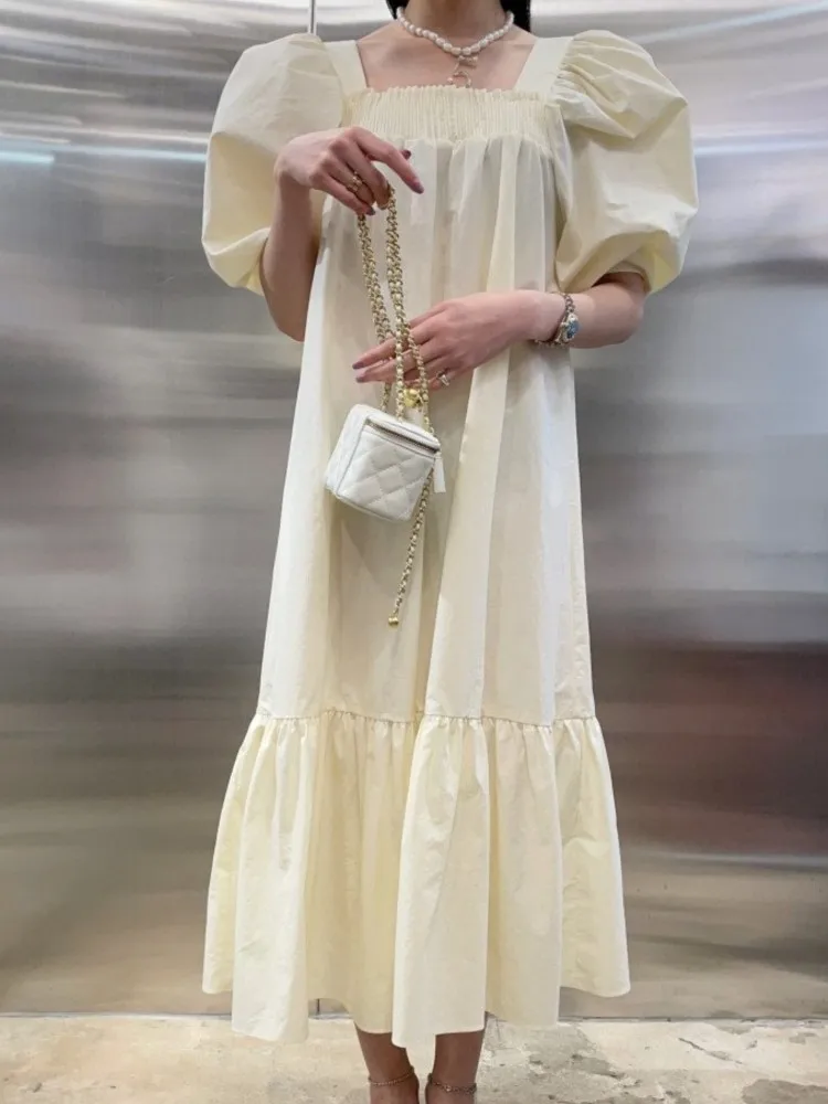 Puff Sleeve Summer Oversize Cotton Pleated Dress Women Korean Chic Loose Square Neck Ladies Dresses Vestidos
