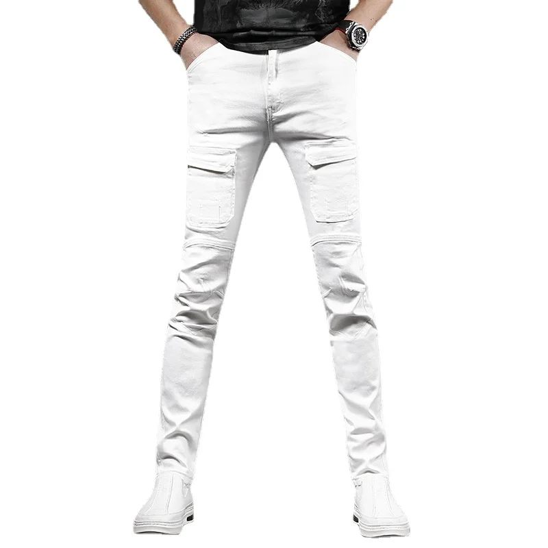 White Cotton Men's Jeans Korean Style Slim Fit Pants Streetwear Casual Double Pockets Stretch Denim Trousers CP2197