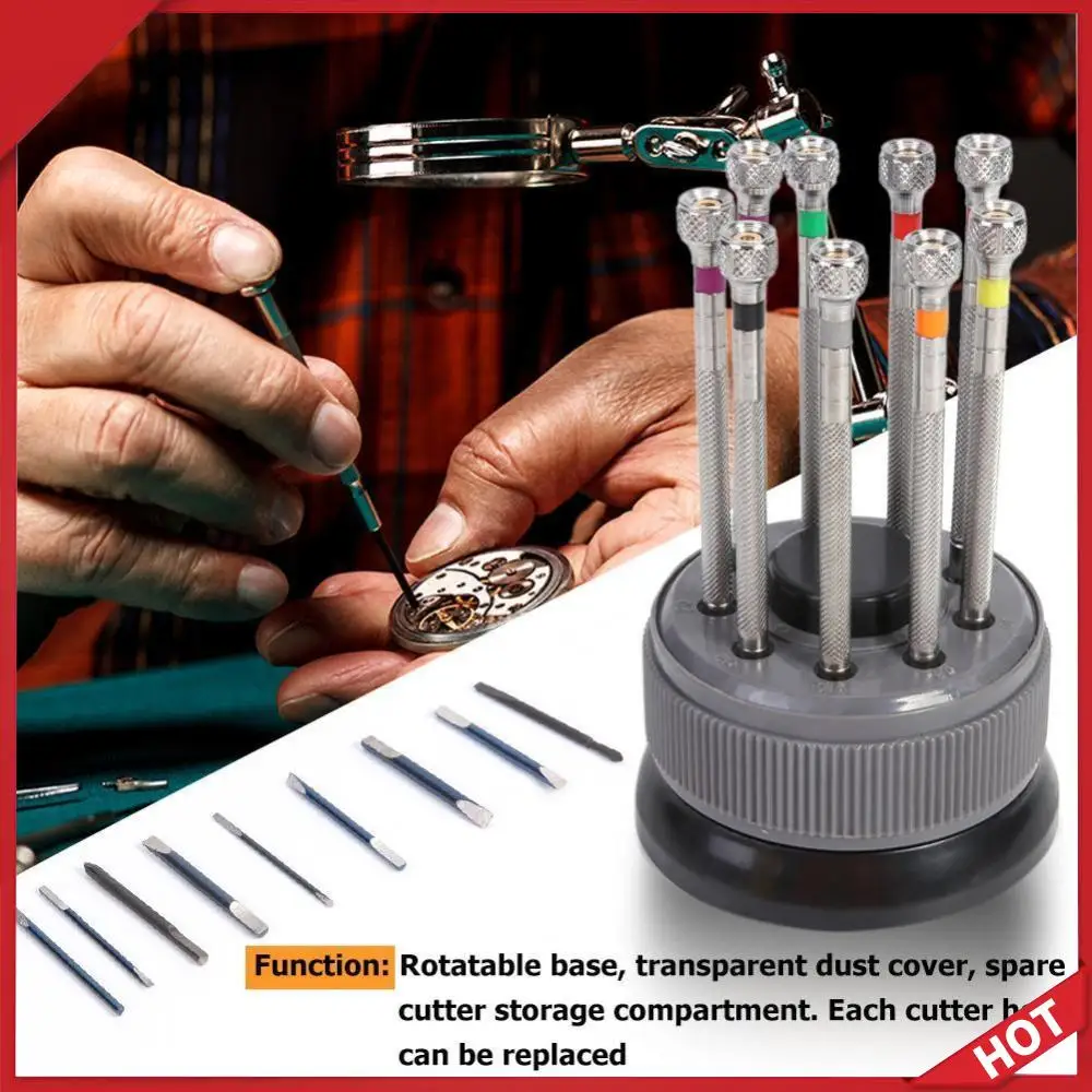 9pcs Screwdriver Set Rotary Base Watch Repair Opener Spring Bar Watchmaker Tool Rotatable Base Each Cutter Head Can Replace