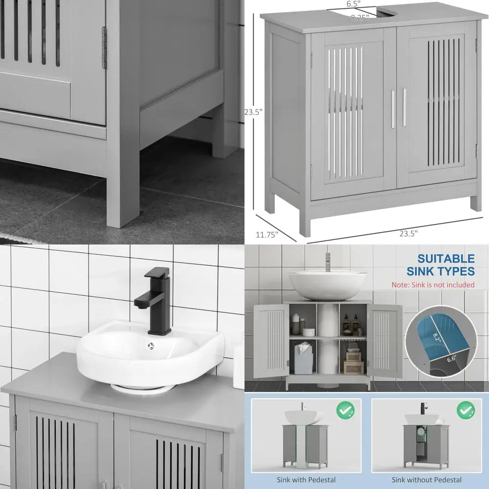 

Gray Bathroom Vanity Cabinet with 2 Doors and Adjustable Shelves, Pedestal Sink Storage