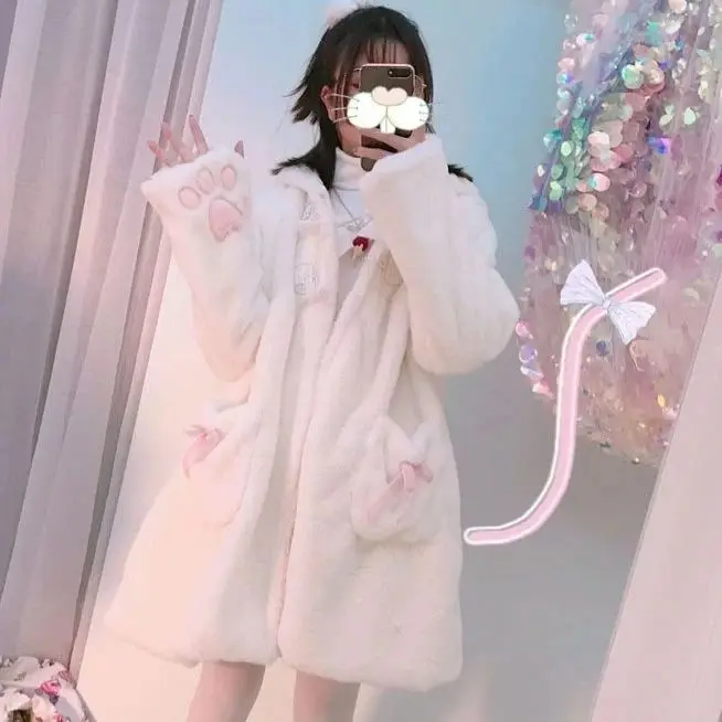 Winterjas Vrouwen Lolita Fleece-Gevoerde Verdikte Meisje Zachte Stof Kawaii Kat Oor Hoed Klauw Leuke Pluche Witte Jas jeugdige Parka