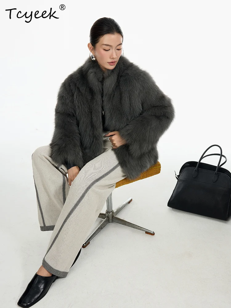 Tcyeek 리얼 울 가을 겨울 고급 트렌디 폭스 퍼 스탠드 칼라 솔리드 컬러 여성용 울 시어링 퍼 코트 여성용 모피 코트