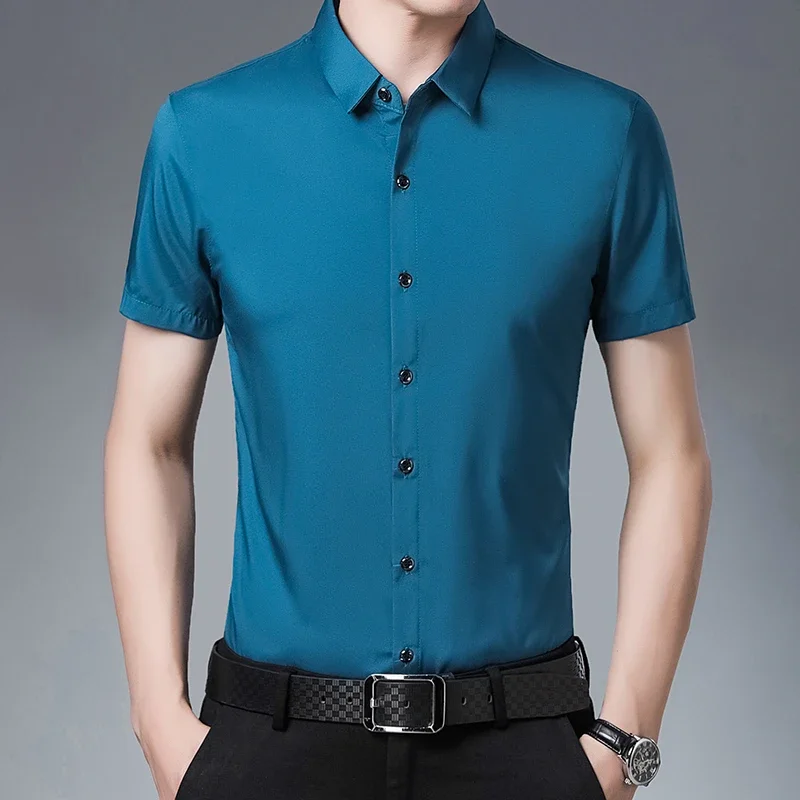 Men's Business Casual Solid Color Short Sleeved Shirt Non Ironing Comfortable Top