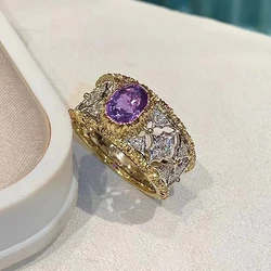 Huitan Gorgeous Oval Purple CZ Women Rings Two Tone Design Luxury Trendy Wedding Band Accessories Charming Female Finger Jewelry
