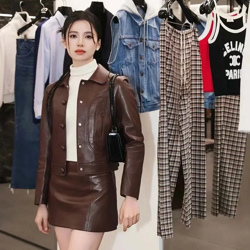 Genuine Leather Jacket Turn-Down Collar Clothes Women Coat Spring Single Breasted Casual Style Brown Color Short Length