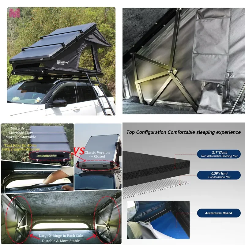 for 7cm Mattress 1-3 Person Car Roof Tent Hard Shell 4x4 Aluminum Roof Tent Truck Camping with Roof Rack LED Light
