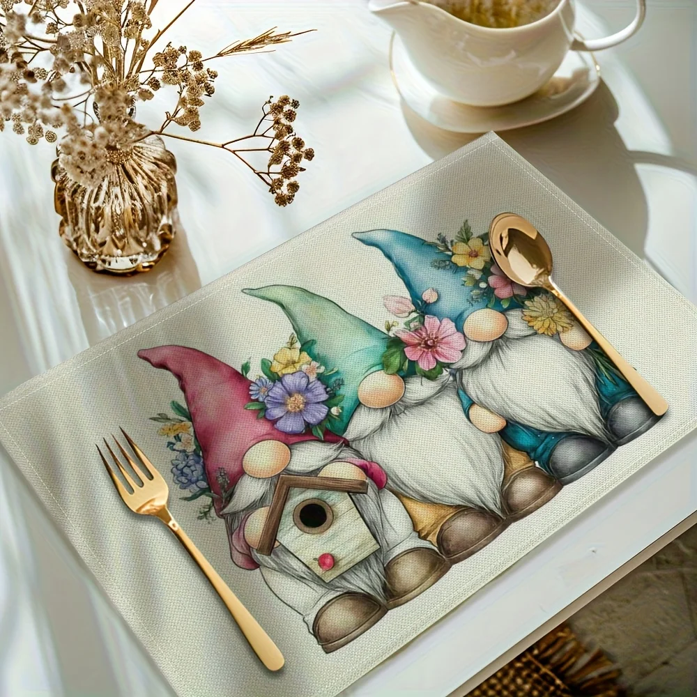Of 8/4/6 Placemats Featuring a 2D Design of Garden Gnomes And Birdhouses, Made from Durable Material That Is Machine Washable