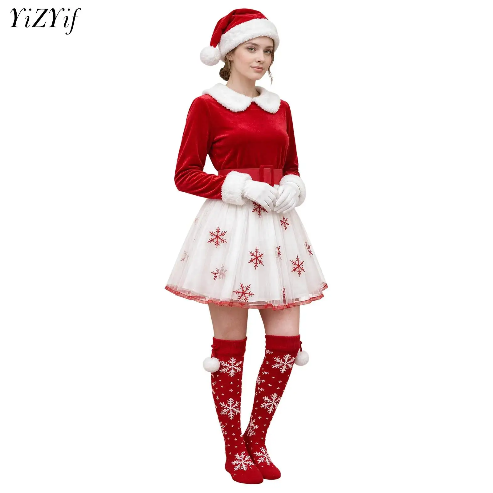Disfraz de hada navideña para mujer, confeccionado en terciopelo, con mangas largas, vestido de tul con motivos de copos de nieve, cinturón, sombrero, guantes y calcetines, ideal para fiestas navideñas y eventos de cosplay.