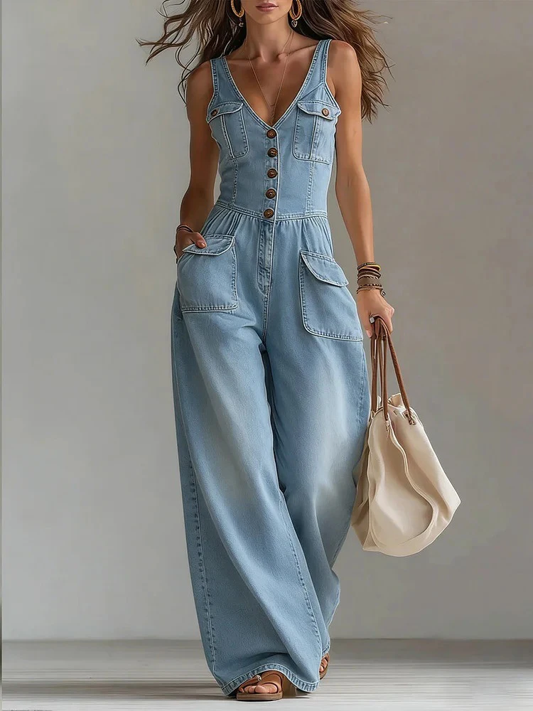 Summer Streetwear High Waist Denim Jumpsuit Fashion Sleeveless Button Wide Leg Pants Romper Retro Solid V Neck Camisole Playsuit