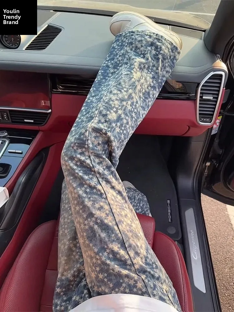 

Blue Star Print Embroidery Denim Jeans Men's High Waist Straight Leg Micro Flared Long Trousers American Street Style