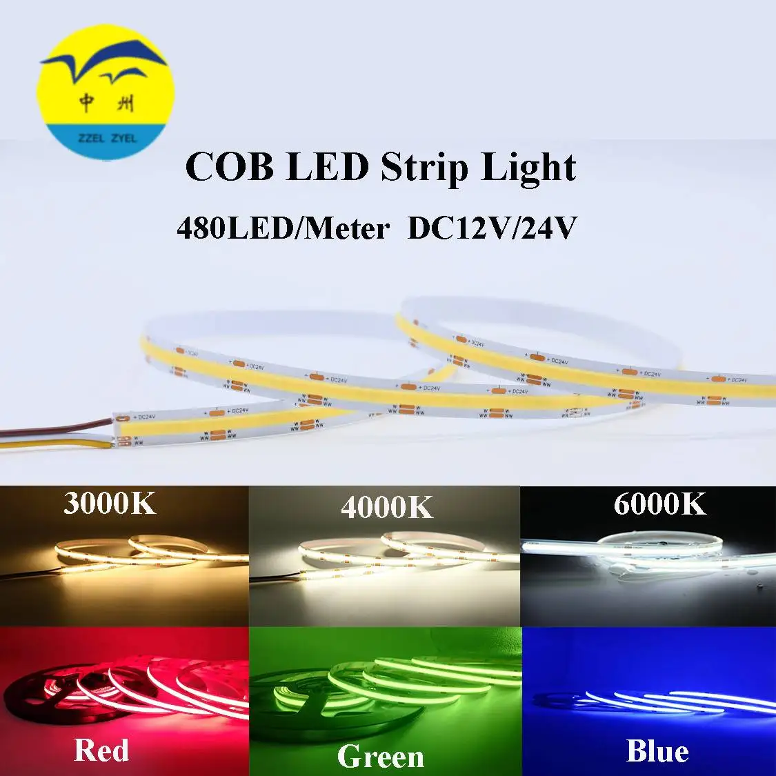 

Flexible COB LED Strip Light 12V 24V Red Green Blue Linear Rope No Spot 5M/Roll width8mm 480LED 45W Cold Warm Nature White