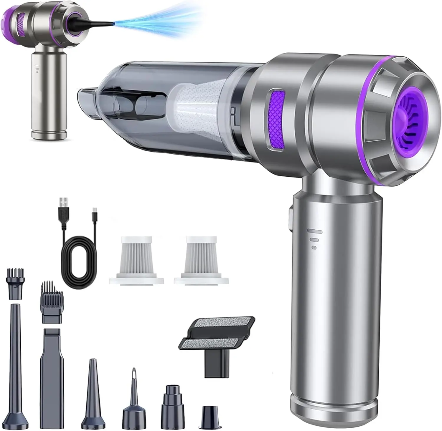 

Мини-бесщеточный автомобильный пылесос 4-в-1, воздушная тряпка 21000 PA, 210000 об/мин, аккумулятор 9000 мАч, беспроводной ручной пылесос для автомобиля, офиса, дома