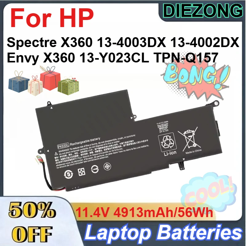 

11.4V 4913mAh/56Wh PK03XL Laptop Batteries for HP Spectre X360 13-4003DX 13-4002DX 13-4103DX Envy X360 13-Y023CL TPN-Q157
