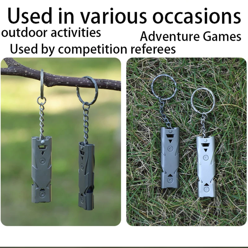 Silbato de emergencia, silbato de doble tubo, llavero colgante, alto decibelio, portátil, supervivencia al aire libre, herramienta de emergencia para acampar